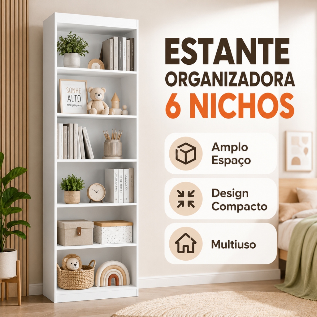 Estante livreiro organizador multiuso armario multifuncional prateleiras 6 nichos branco