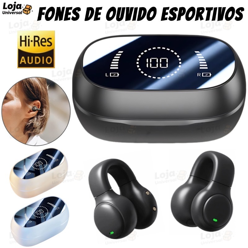 Fone de ouvido de condução óssea com clipe de ouvido sem fio, Fone de Ouvido Bluetooth sem fio LED Display Inteligente