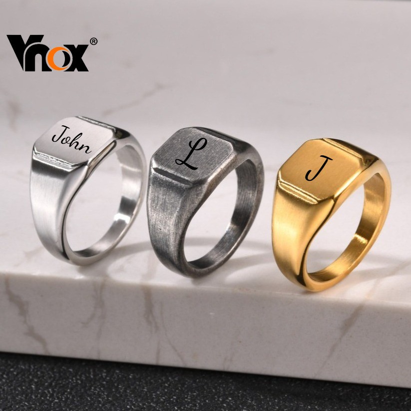 Anel De Sinete Quadrado Gravado Personalizado Gratuito Vnox Unissex Ouro Prata Preto Aço Inoxidável Inicial Em Branco