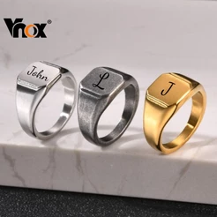 Anel De Sinete Quadrado Gravado Personalizado Gratuito Vnox Unissex Ouro Prata Preto Aço Inoxidável Inicial Em Branco