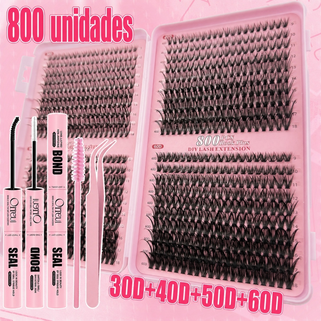 Kit 800 Tufos de Cílios 30D 40D 50D 60D Curvatura D 9-18mm Extensão DIY