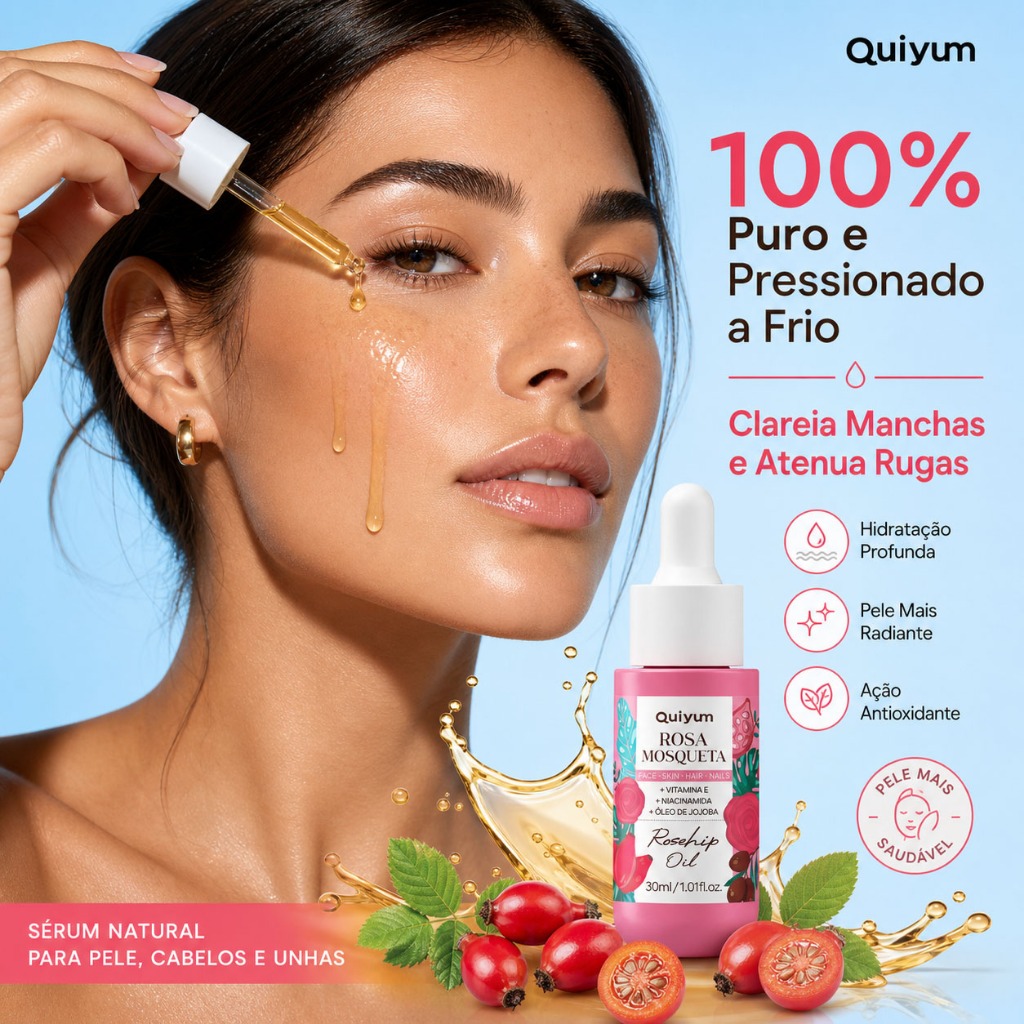 QUIYUM Óleo de Rosa Mosqueta 30ml - Óleo Facial Natural Hidratante e Reparador para Pele e Cabelo