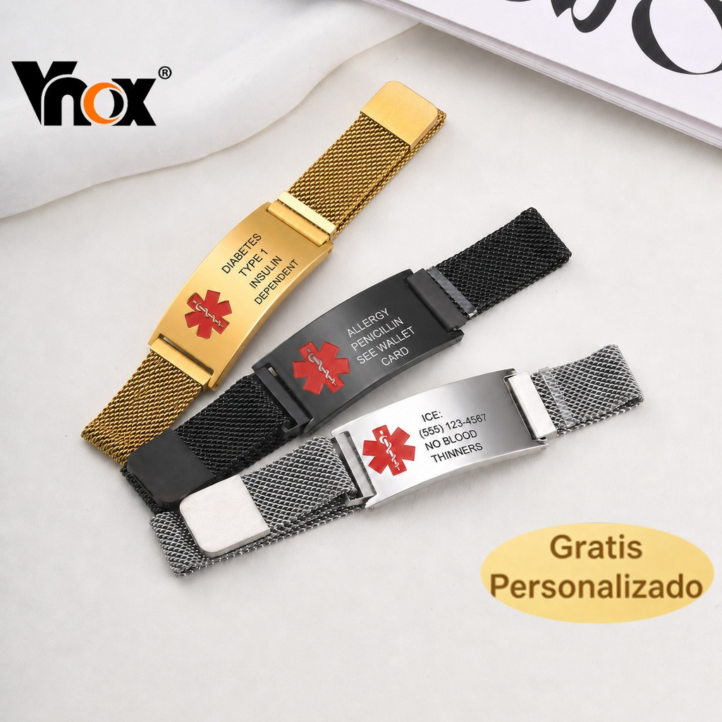 Gravação Gratuita Pulseira De Identificação Médica Vnox Banda De Malha De Aço In