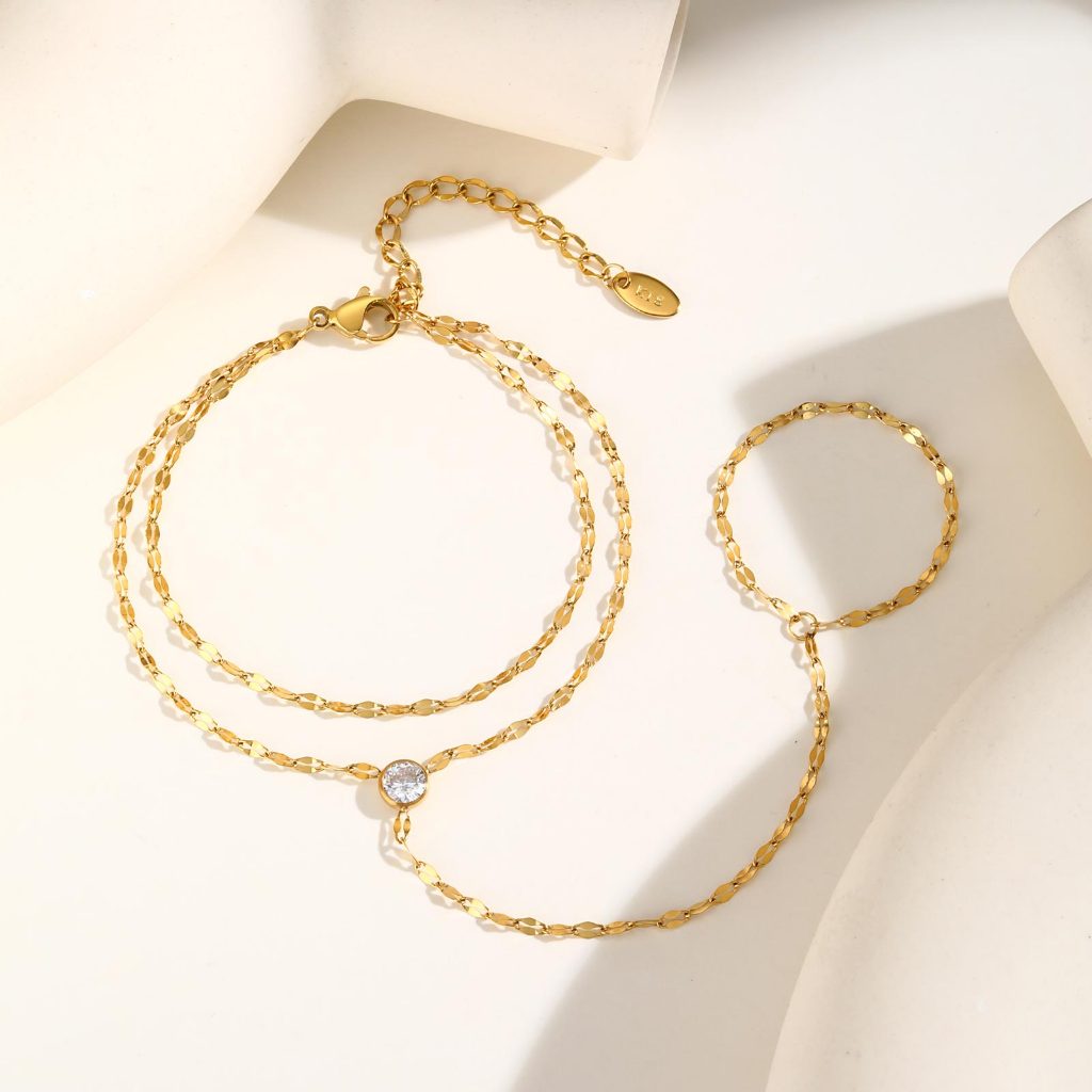 Conjunto De Pulseira De Anel De Dedo De Camada Dupla Com Corrente Labial Dourada De Aço Inoxidável Vnox, Presente Hipoa · foto 2