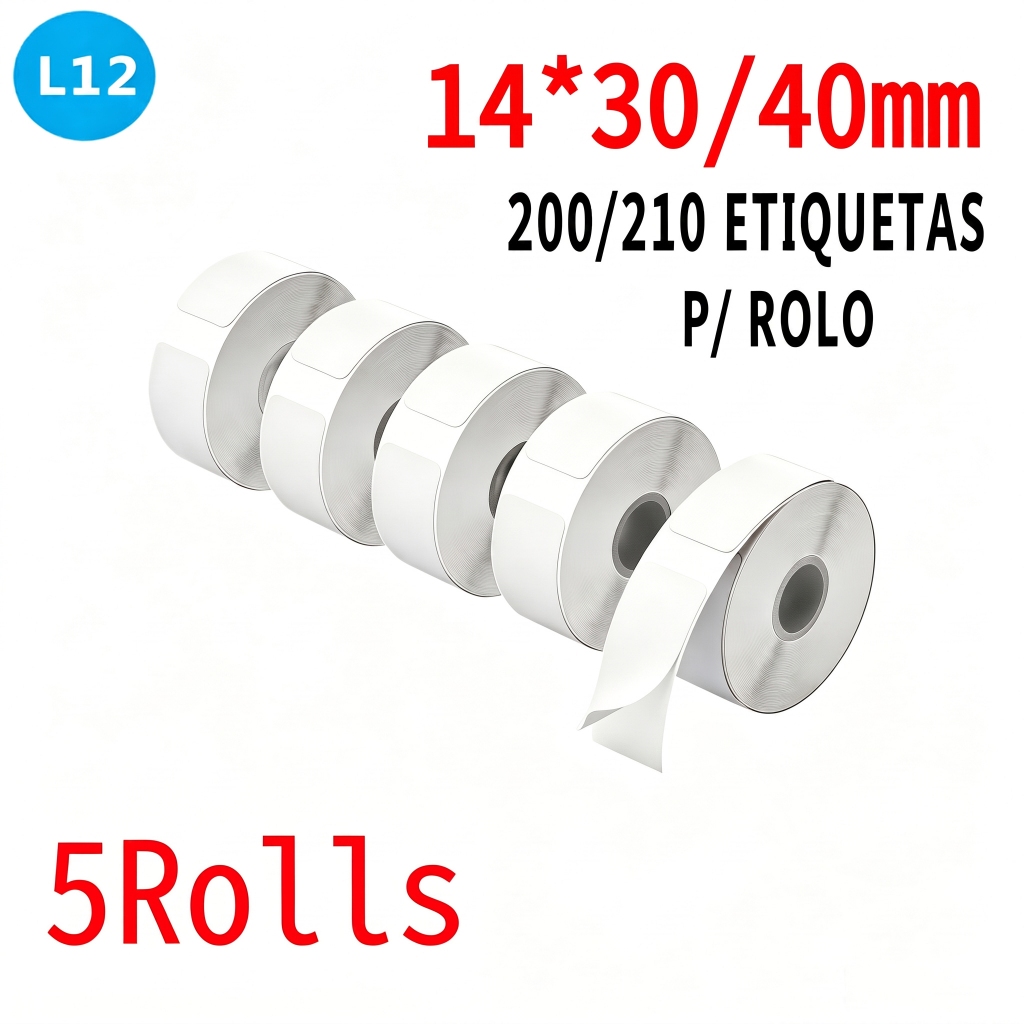 Etiquetas Térmicas De Recarga De 5 Rolos Para L12 – Papel Adesivo Térmico Direto (14x30mm/14x40mm)