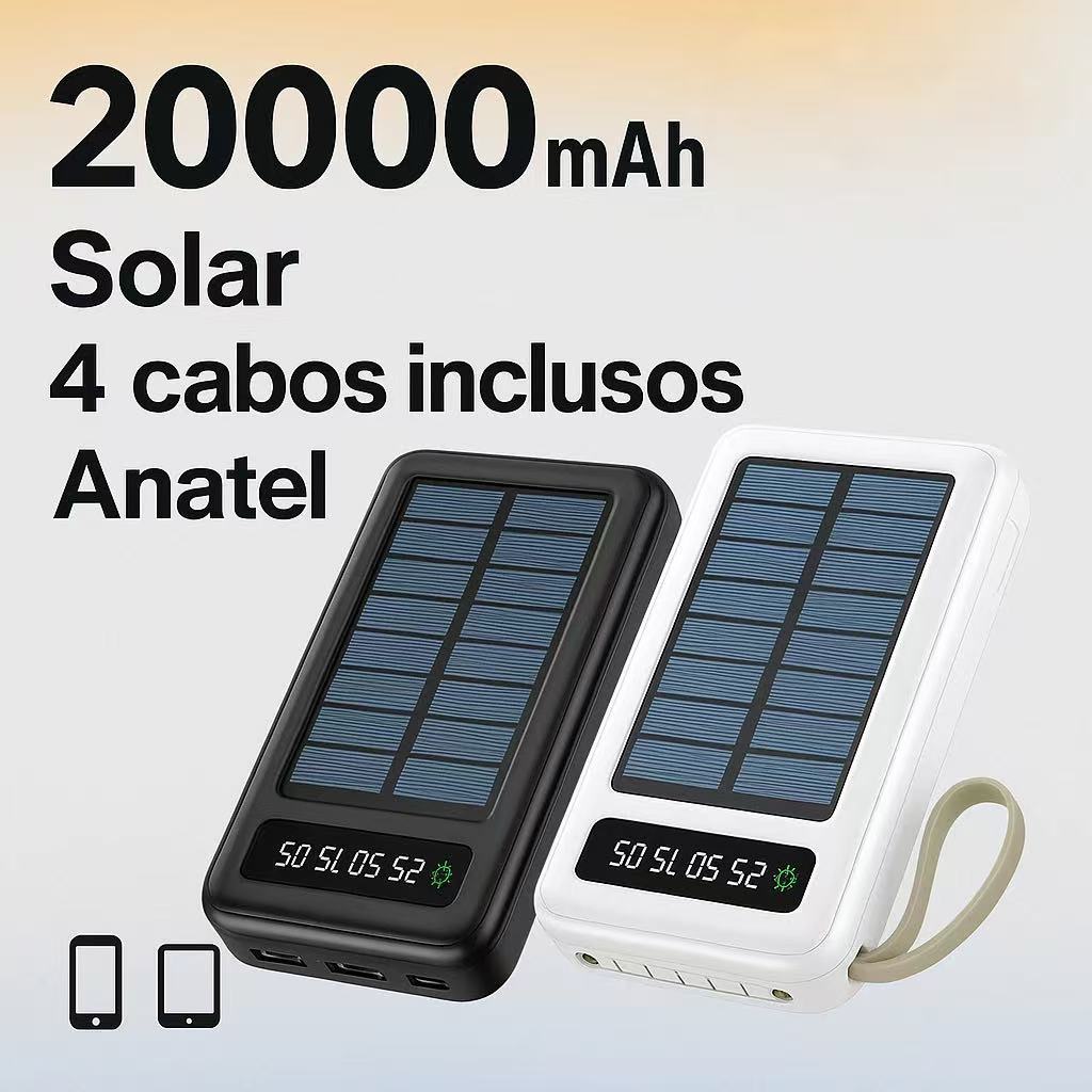 Carregador Portátil Power Bank Solar 20.000mah Com cabos 5 Em1 LED lanterna LOJA