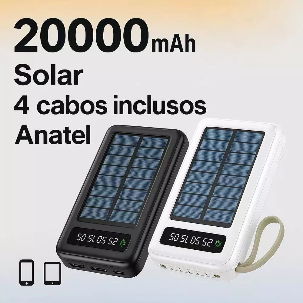 Carregador Portátil Power Bank Solar 20.000mah Com cabos 5 Em1 LED lanterna LOJA