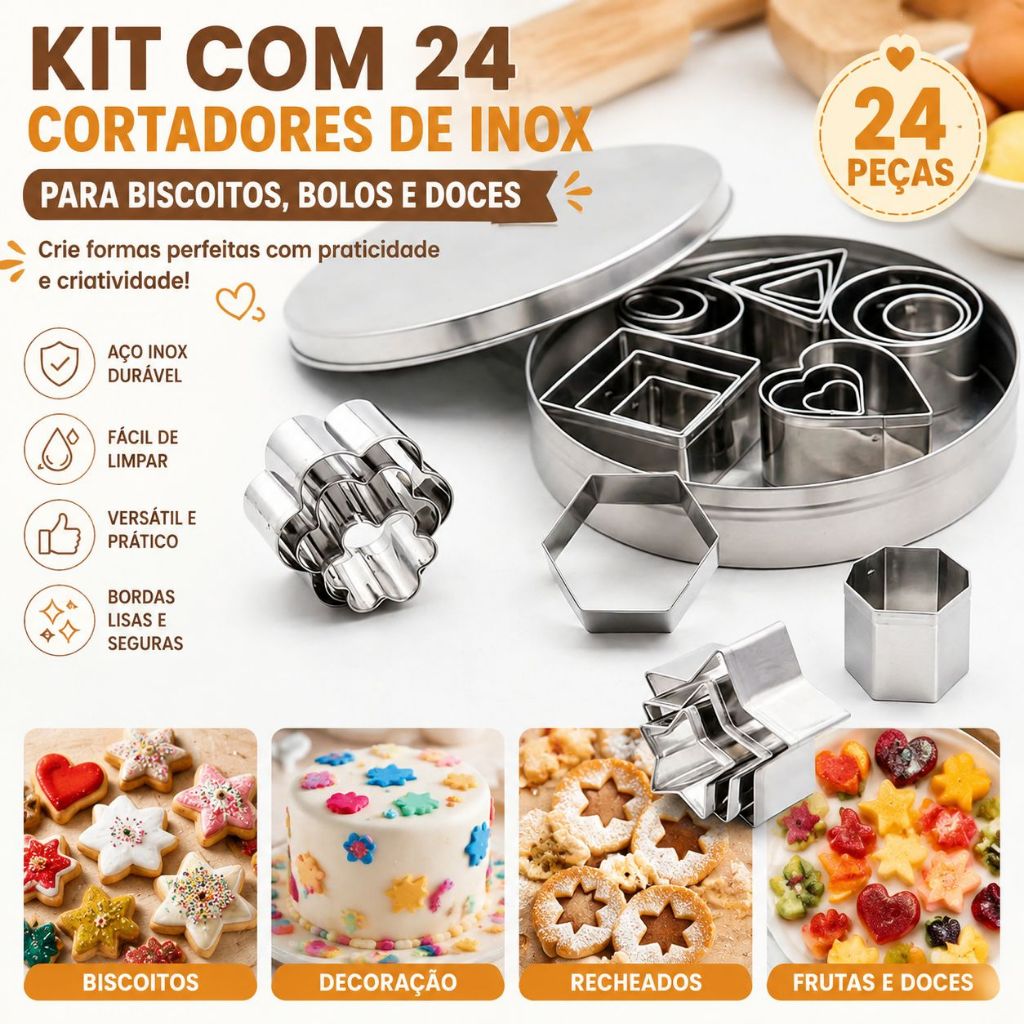 Conjunto Moldes Biscoito Aço Inox 24 Peças Formas Geométricas com Caixa de Metal Resistente