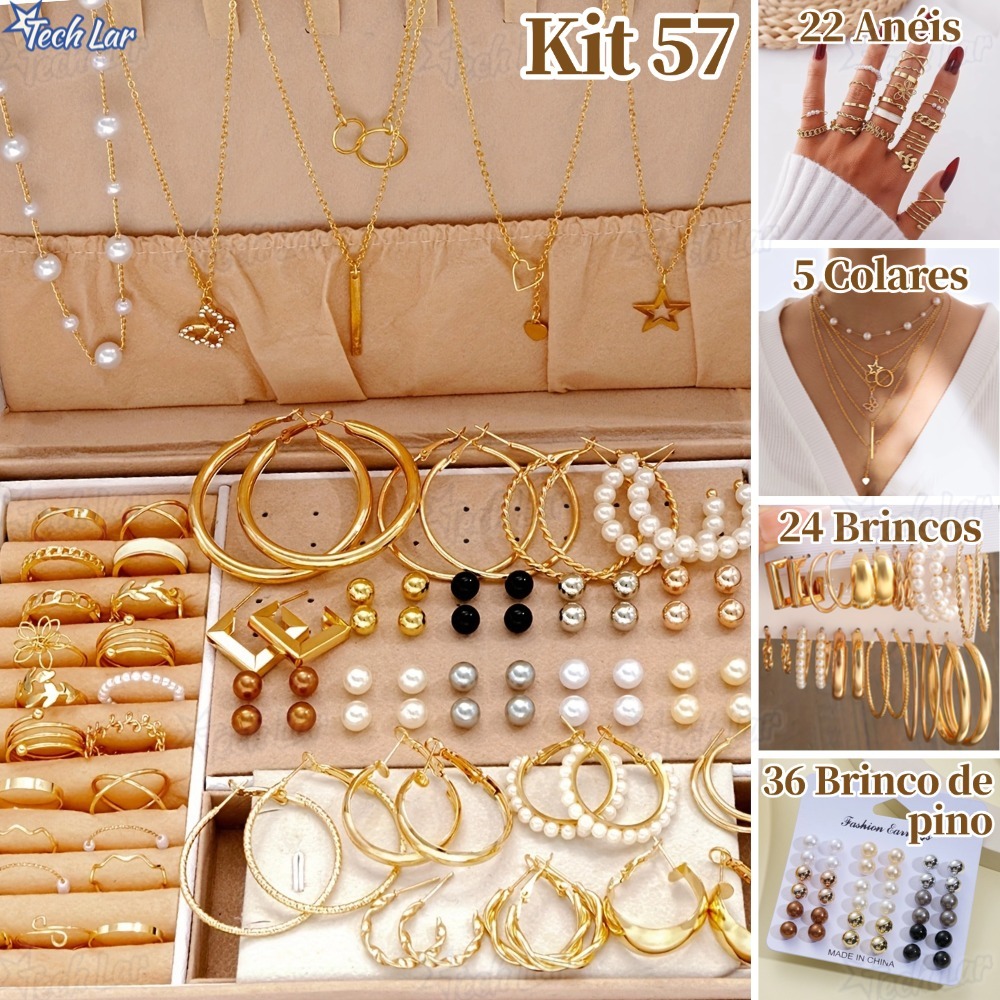 Kit de Joias Femininas 57 Peças Colares Brincos e Anéis Dourados A Prova d'Água Presentes Surpresas