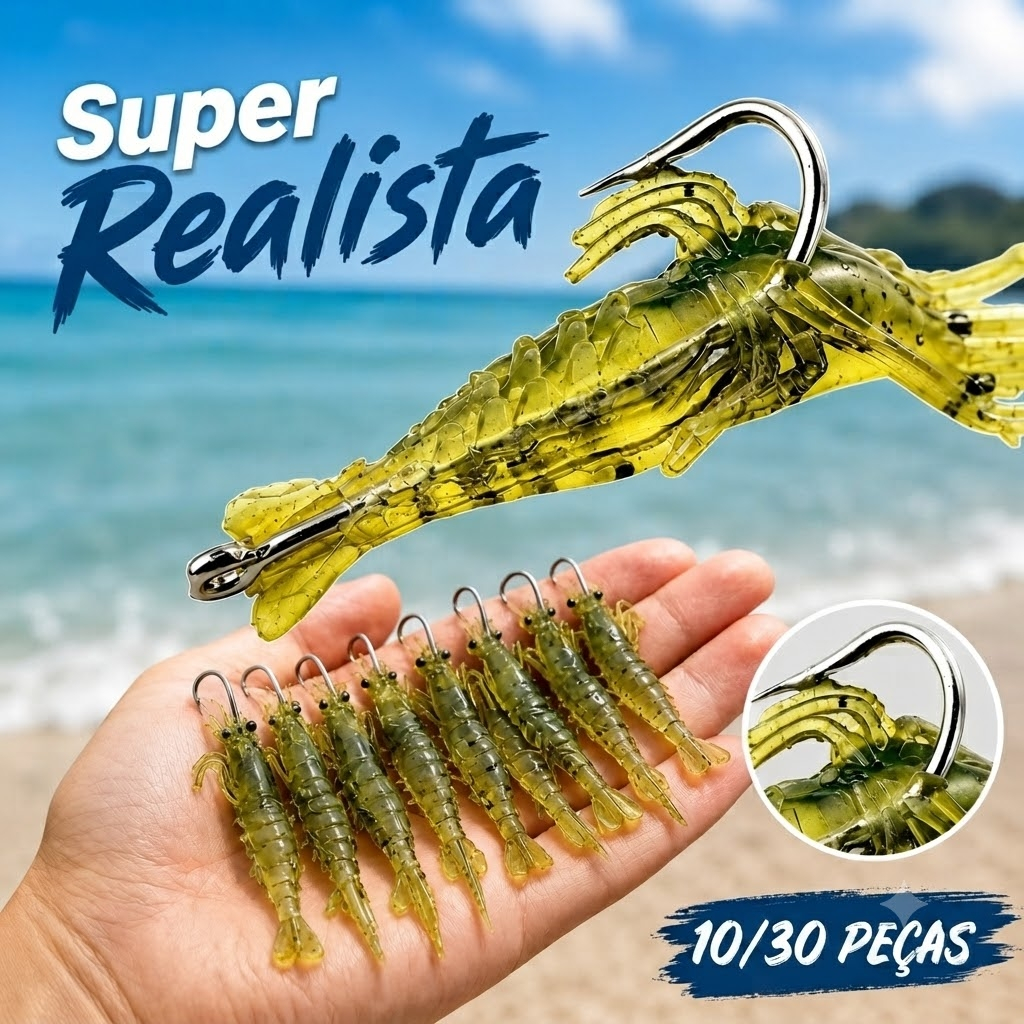 10/30 Iscas Camarão Artificial Silicone Com Anzol 40mm Realista
