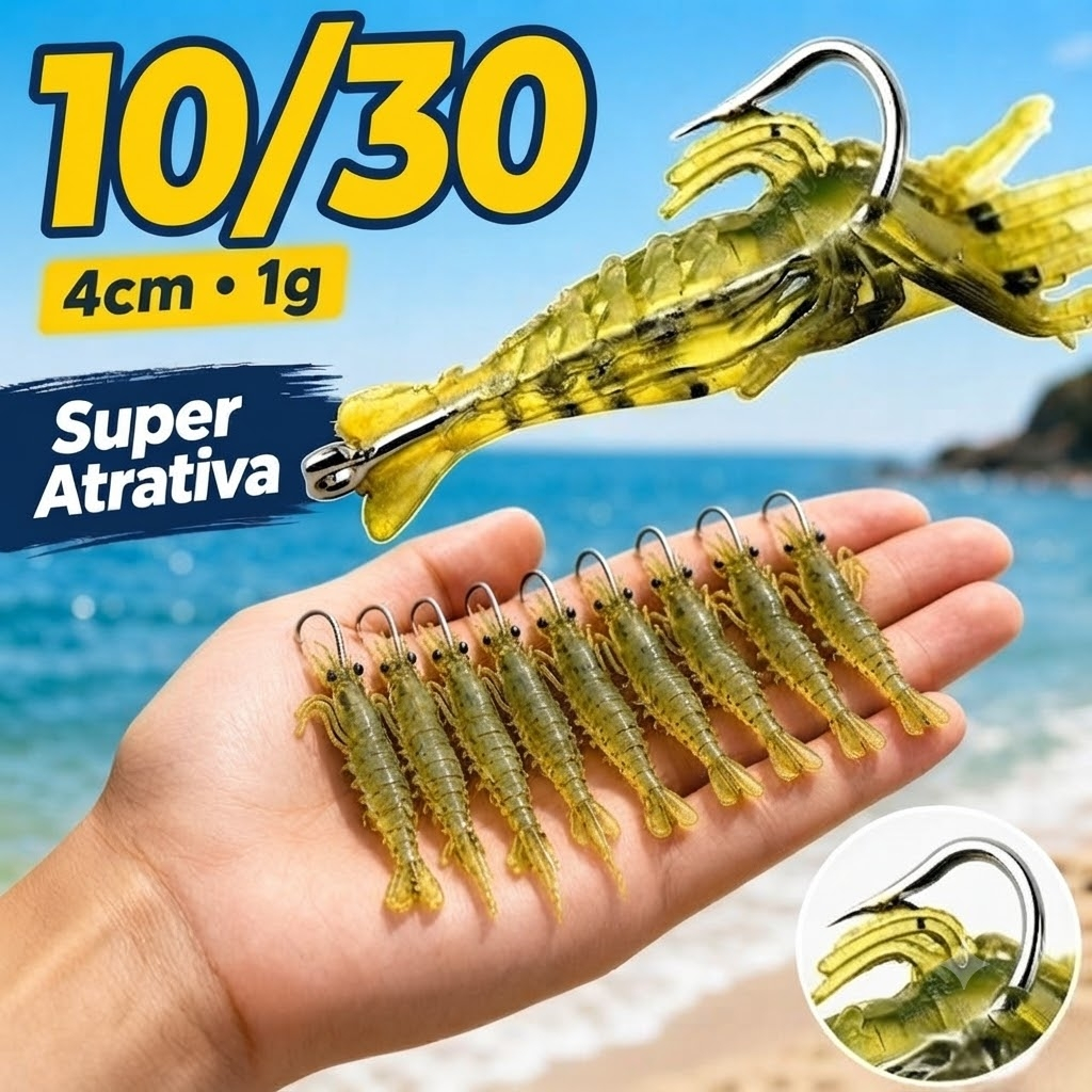 Kit Com 10/30 Iscas Camarão Artificial Água Doce e Salgada