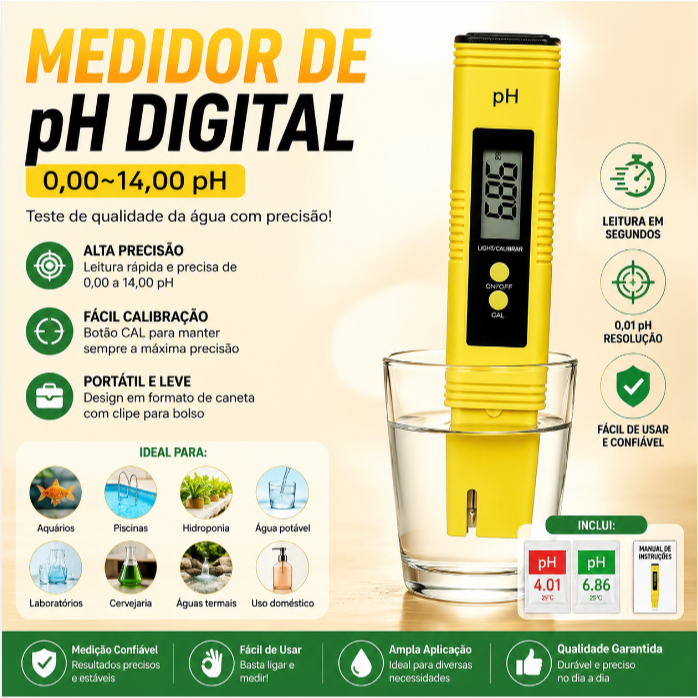 Medidor de pH Digital Portatil Caneta Teste de Agua para Aquario Piscina e Hidroponia
