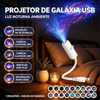Luz Noturna Projetor Galaxy USB 360° Giratória Lâmpada Céu Estrelado para Decoração de Casa