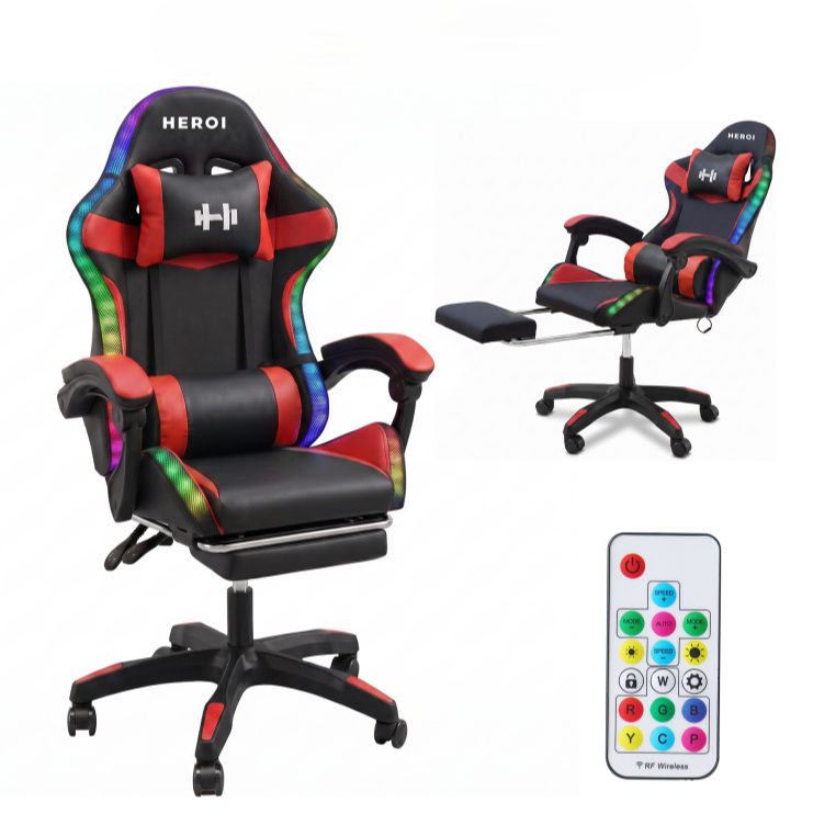 Cadeira Gamer Ergonômica, Giratória, com Apoio de Pés e Iluminação RGB HEROI