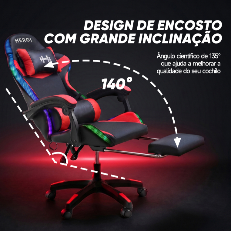 HEROI Cadeira Gamer com Iluminação RGB, Apoio para Pés, Suporta até 120kg — imagem 2 de 2