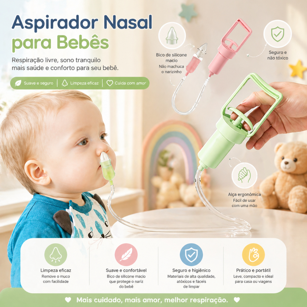 Aspirador Nasal Para Bebê Manual Remove Secreção Nariz Entupido Silicone Macio Fácil Limpar