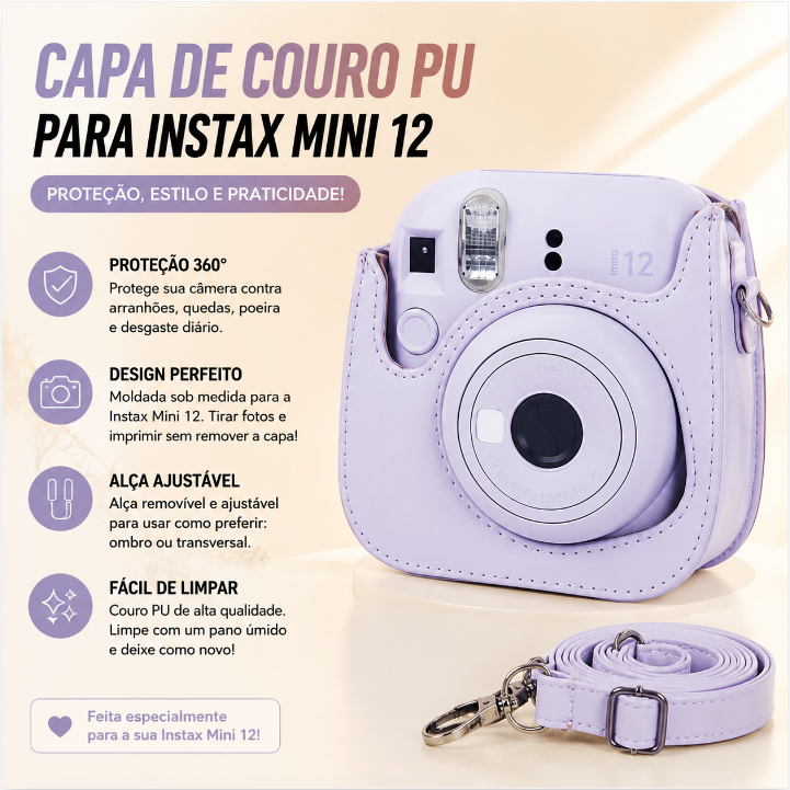 Capa Protetora para Camera Fujifilm Instax Mini 12 Bolsa com Alca e Bolso de Fotos