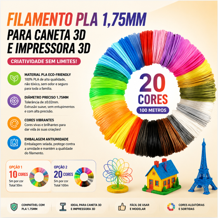 Refil Filamento PLA 1.75mm Caneta 3D Impressora Kit 10 20 Cores Aleatorias