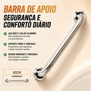 Barra Apoio 80 cm para Antiqueda Inox Banheiro Escada Corrimão Acessibilidade Suporte Idosos Alça PCD