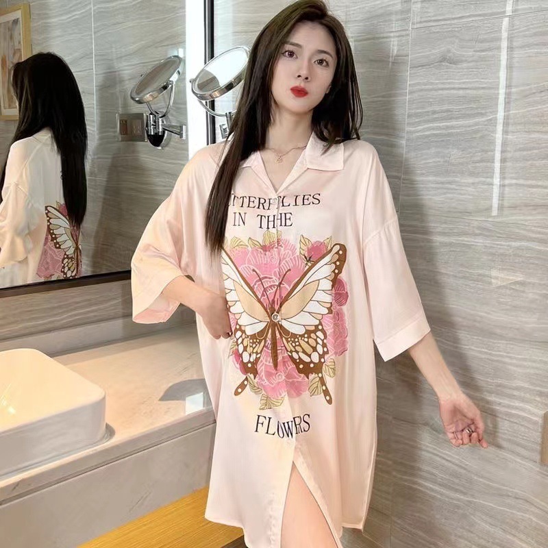 Meninas verão solto camisola doce borboleta gato impresso pijamas de seda gelo pode usar fora Sexy legal confortável cam