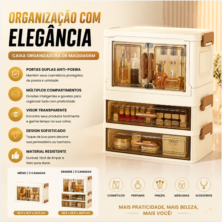 Caixa Armazenamento Cosmeticos Luxo Porta Dupla com Gaveta Organizador Penteadeira