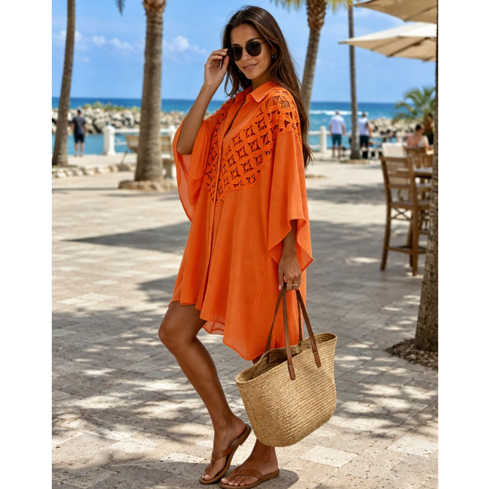 Oversize Saída de praia feminina para férias, roupas plus size feminina, moda praia Camisa com Bordado.Novidades 2026.