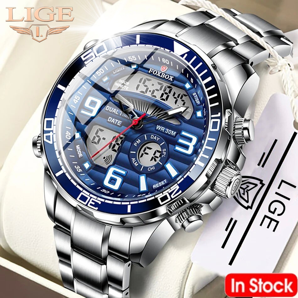 Relogio Masculino LIGE Dual Display Data Esporte Relógio De Pulso Para Homens De