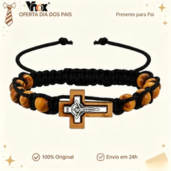 Vnox Pulseira Masculina Cruz de Madeira Terço Católico Presente Dia dos Pais Ajustável Jóia Religiosa para o Pai