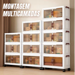 Armário Organizador Dobrável Plástico Multiuso Porta Transparente com Rodas para Quarto Escritório Banheiro