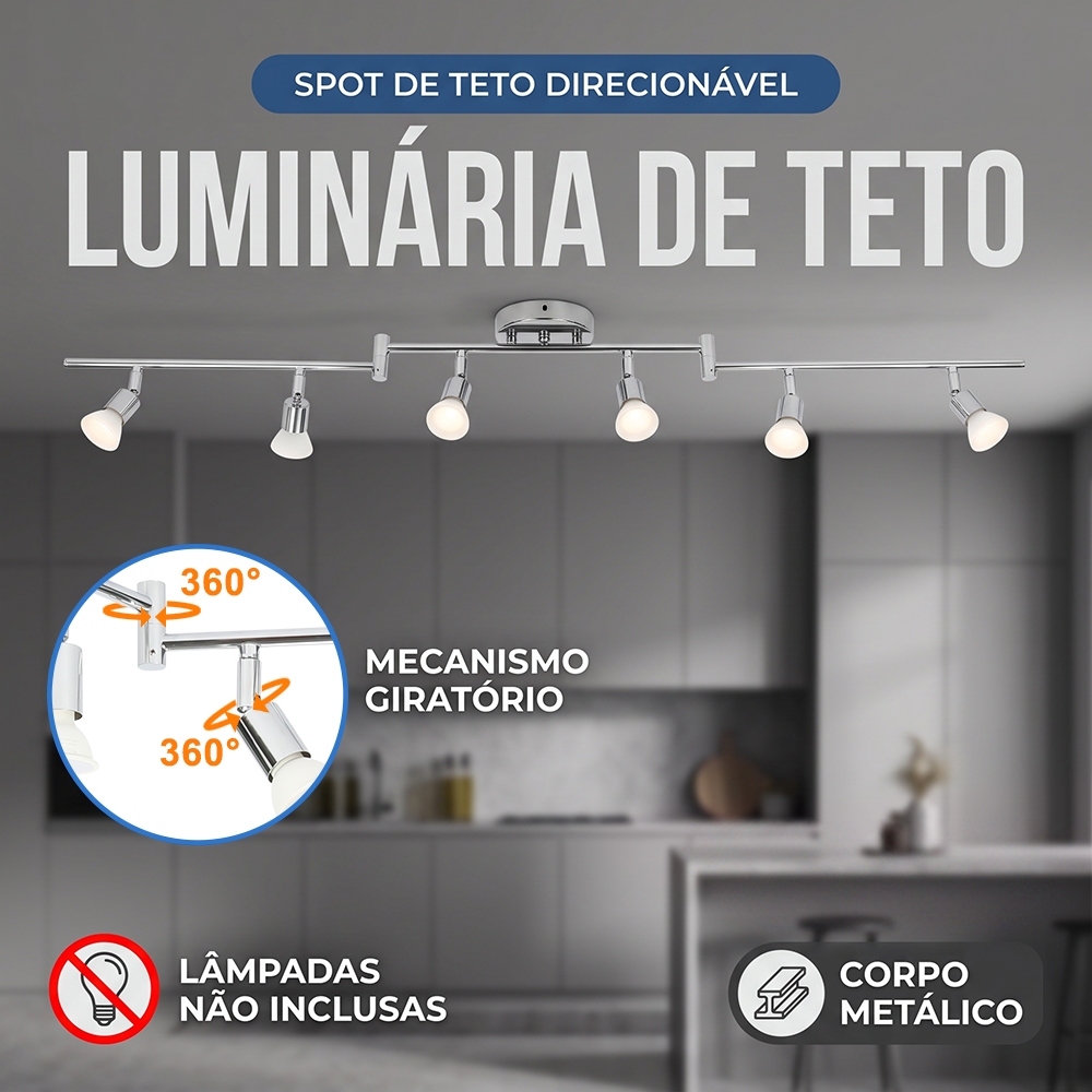 Trilho com Spot Led Eletrificado 1.2m  Spot 10W Sobrepor Teto Gesso Preto Prata - Kit Iluminação Bivolt Eletrificado