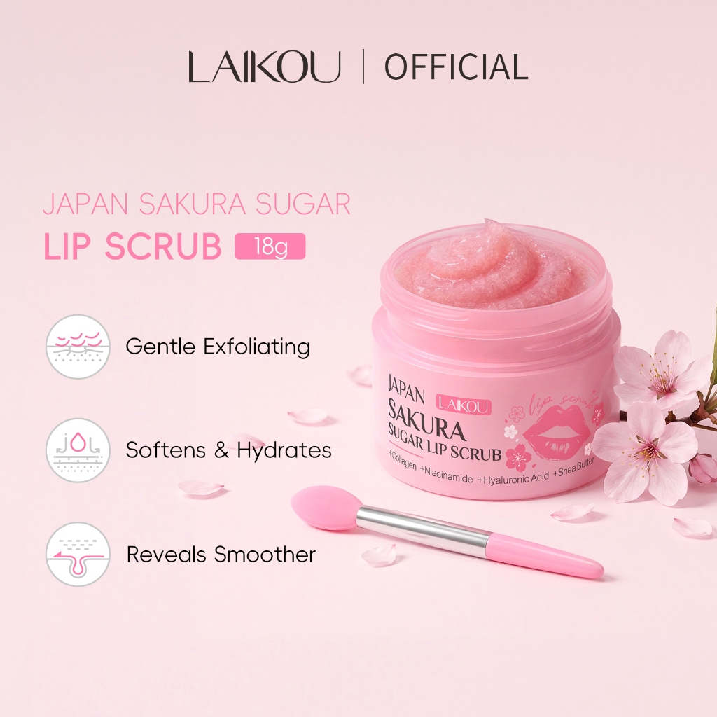 LAIKOU Japão Sakura Lip Scrub 18g Açúcar Esfoliante Suave Com Niacinamida De Colágeno Para Hidratação E Remoção De Pele