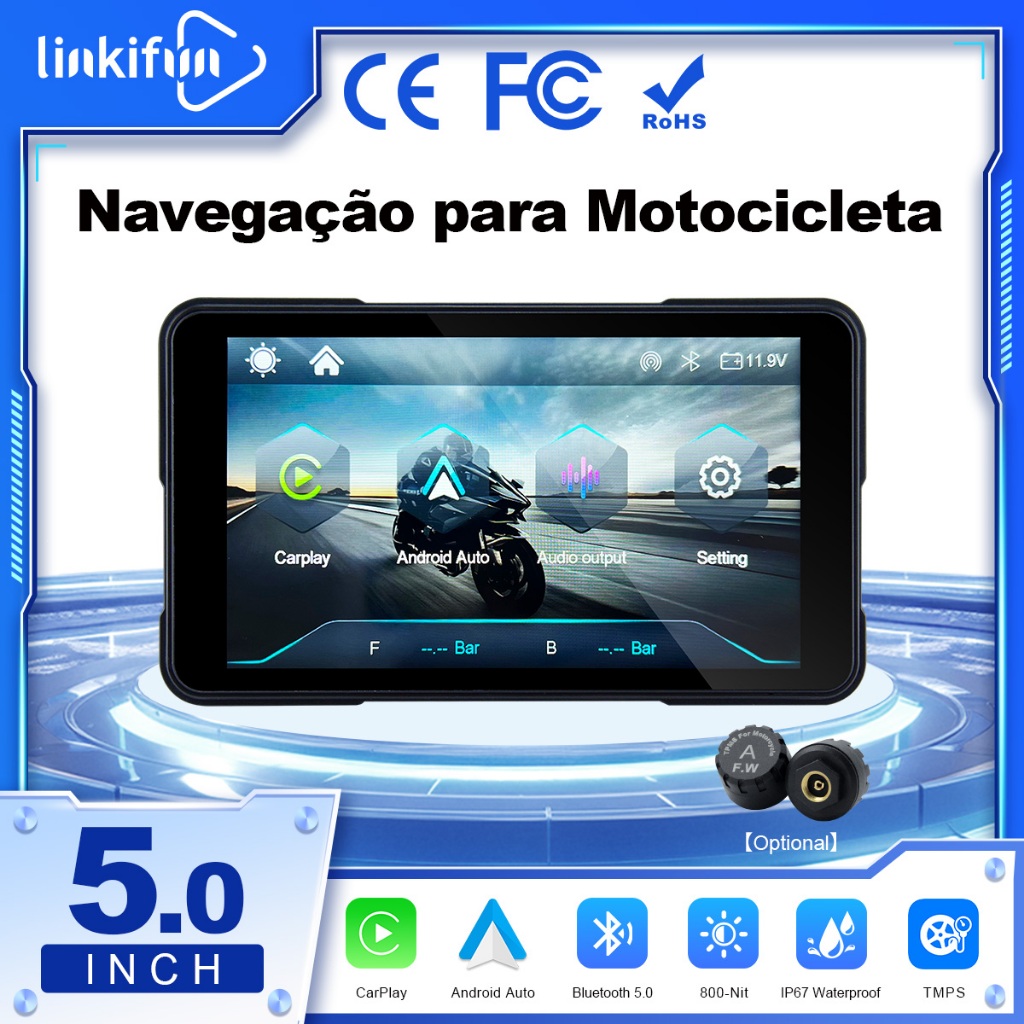 Linkifun MT11B Tela 5" para Moto, CarPlay/Android Auto Sem Fio, Vertical/Horizontal, Suporte Rápido e TPMS Opcional