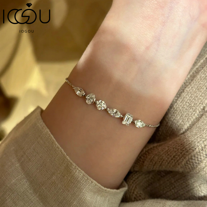 Pulseira De Moissanite Certificada IOGOU GRA Para Mulheres Cor D VVS1 Corte Redondo Elo Geométrico Banhado A Ouro Modern