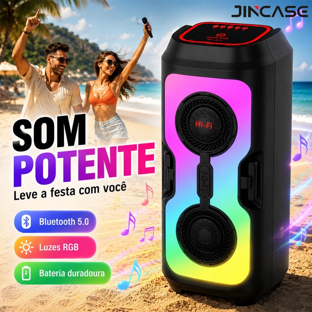 Caixa de som Bluetooth Portátil Com Led RGB Portátil FM USB TWS 50W Para Praia, Festa ou Viagem