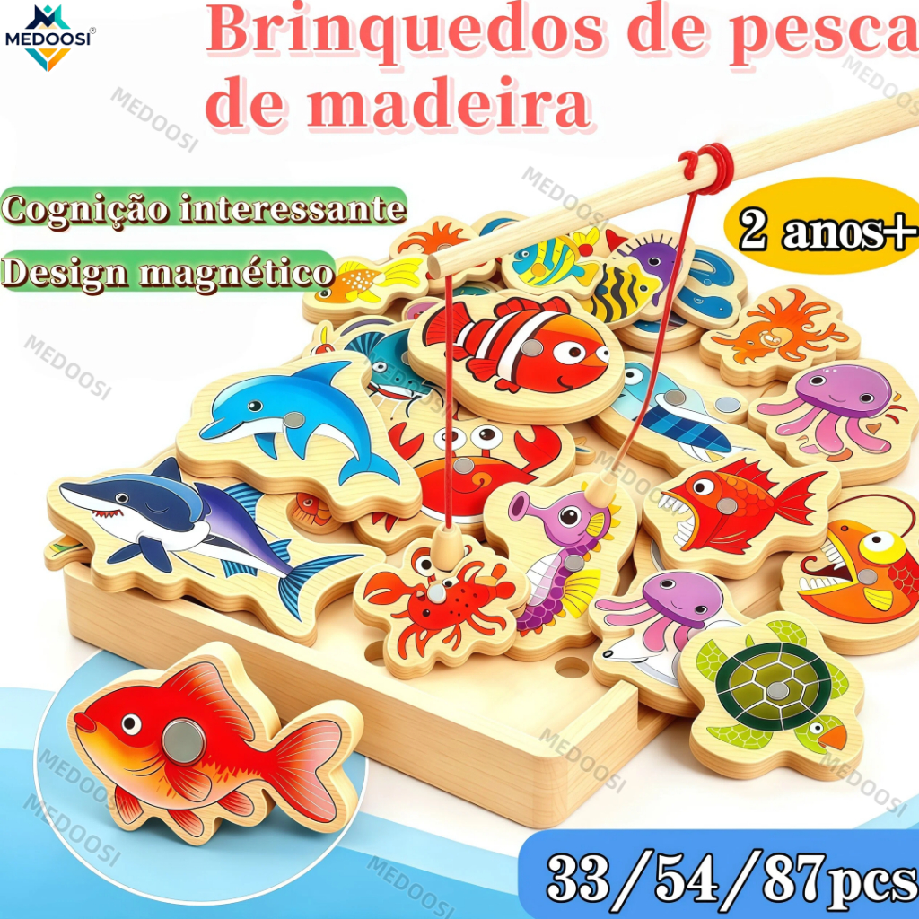 MEDOOSI 87/54/33 Peças Pescaria Magnética infantil Brinquedo Educacional de Madeira Jogo Montessori Interativo Crianças