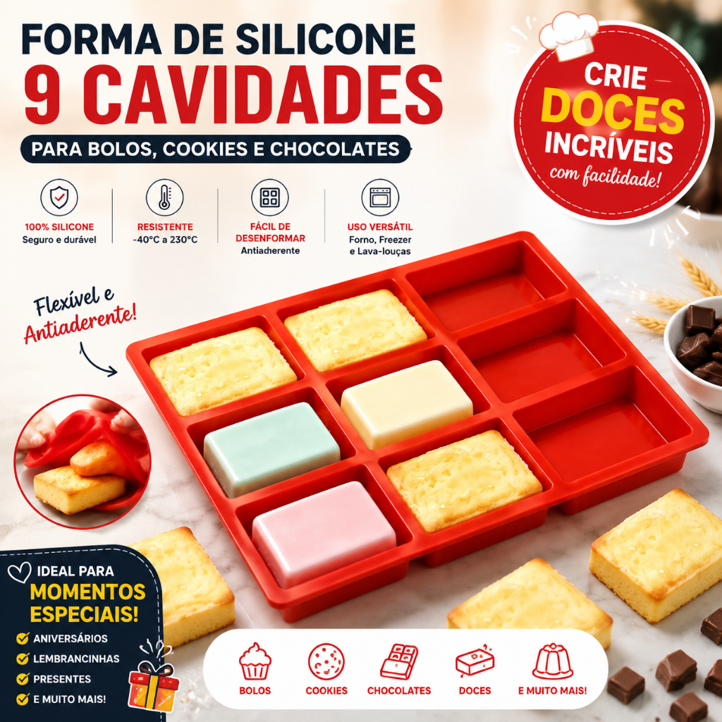 Molde retangular de Silicone, adequado para fazer bolos, biscoitos e Chocolate, com 9 furos