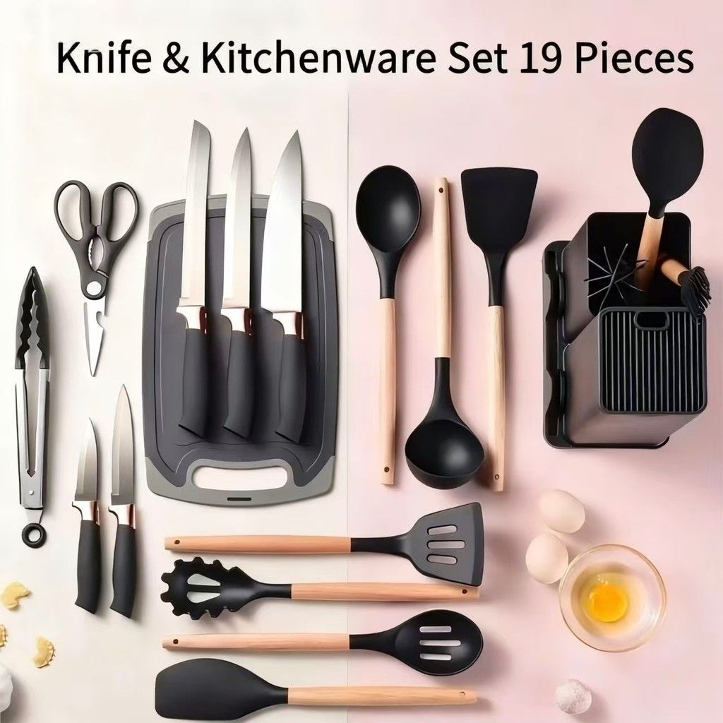 Kit 19 Peças Utensílios Cozinha Silicone Cabo Madeira Antiaderente Resistente Calor Jogo Completo Doméstico