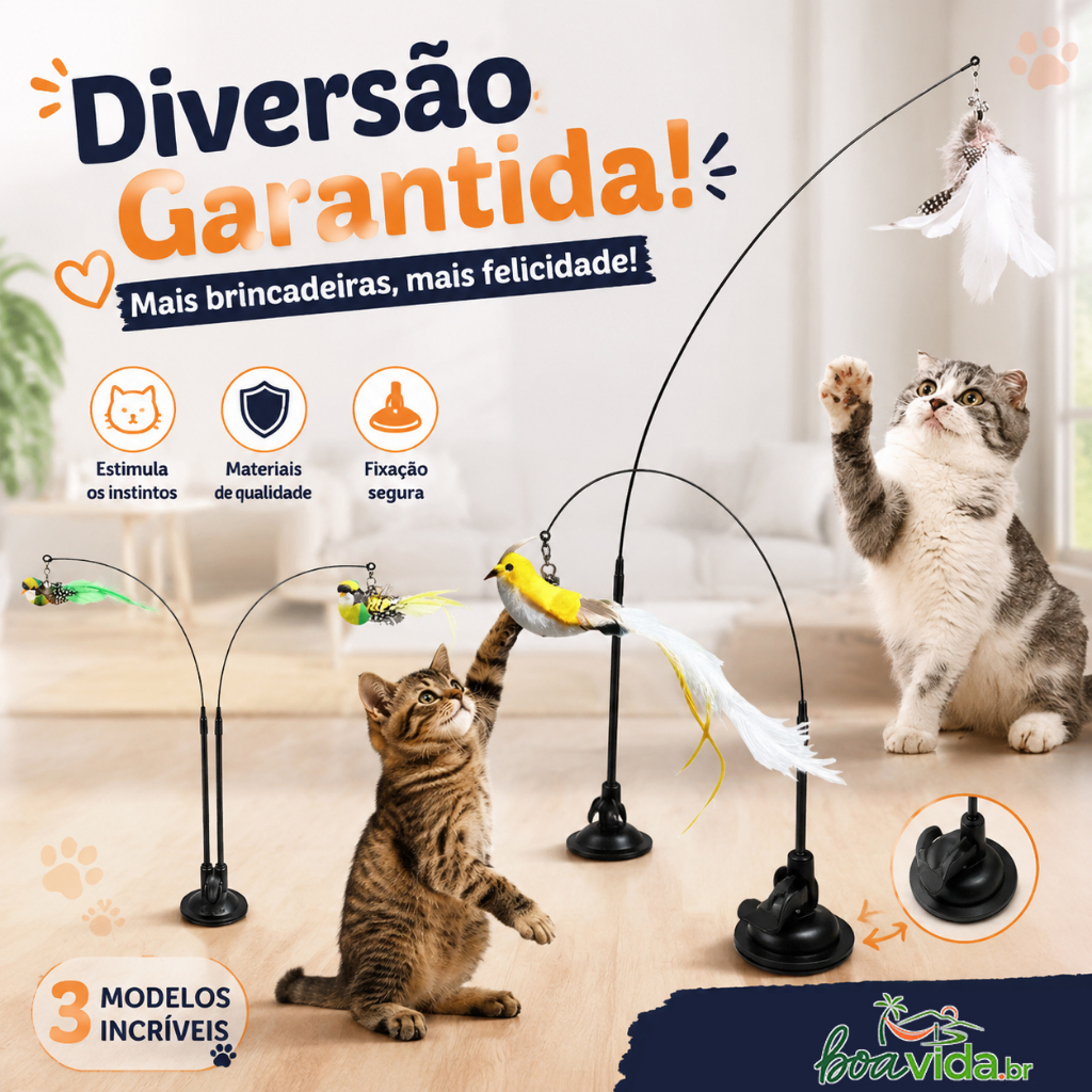 Brinquedo Interativo Varinha Pena Com Ventosa Que Fixa No Chão Para Gatos Adultos e Filhotes