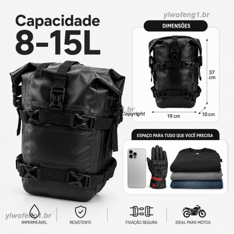 Bolsa Lateral Motocicleta Impermeável Alforge Mala Estribo 2em1 Alça Ombro Cinta Fixação Universal 8-15L Expansível