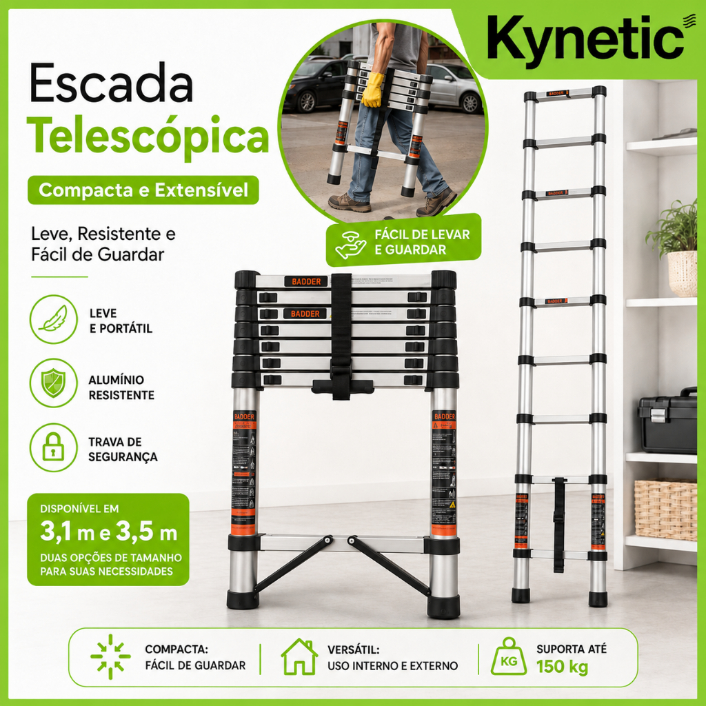 Escada Telescópica De Aço Inoxidável Multifuncional 3.1m / 3.5m  – Aço Inoxidável Leve, Extensível e Antiderrapante