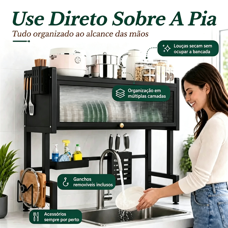 Suporte de Secagem de Louça-Aço Carbono Resistente I Modular Sobre Pia, Organizador de Armário Contra Poeira