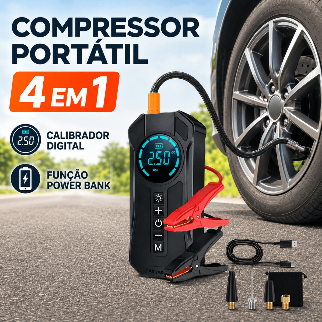 Bomba de Ar Portatil Compressor Inflator Multi-função 4 em 1 PowerBank 8kmah Bateria Calibrador de Carro Auto Pneu