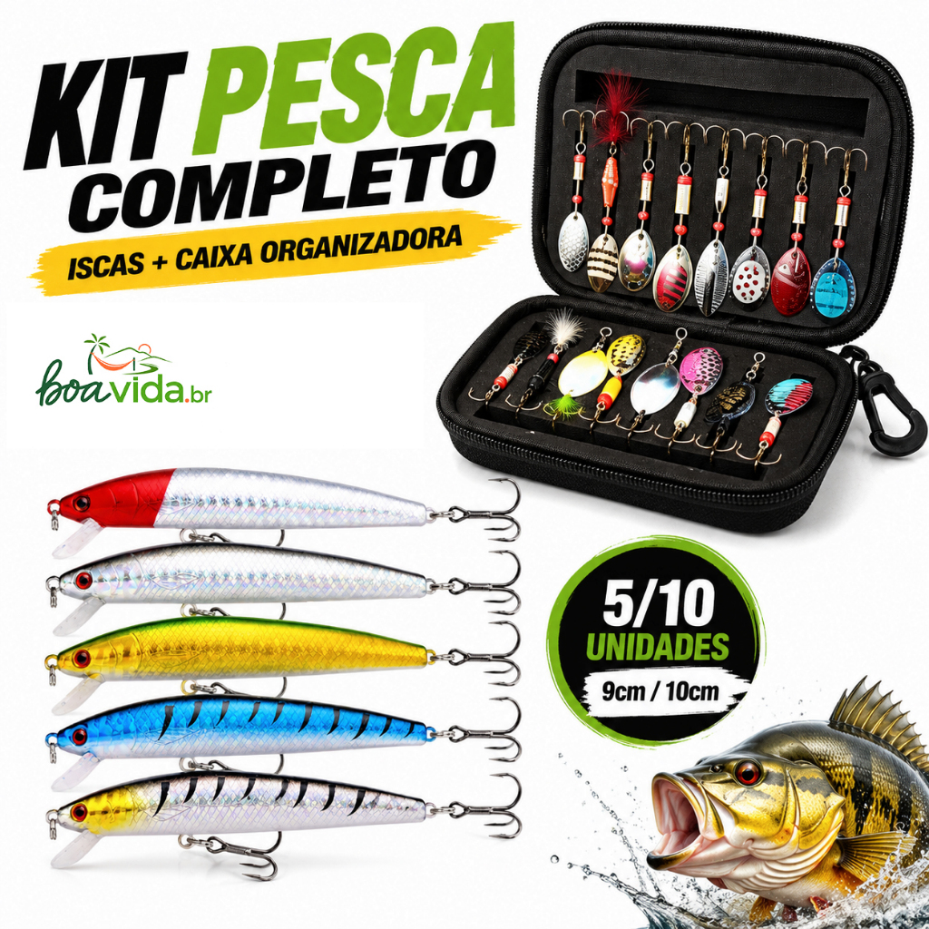 Kit Pesca Completo com Caixa EVA Organizadora + 10 Iscas Artificiais Importadas 9cm 8g Afundantes Equipamento