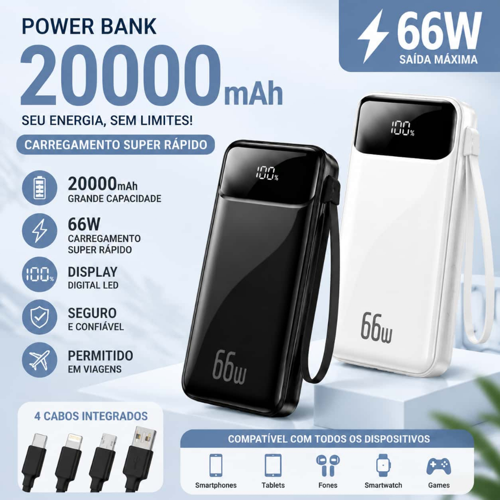 Carregador Power Bank 20000mah Portátil Display Digital 66W Carregamento Super Rápido Com 4 Cabos TUDO