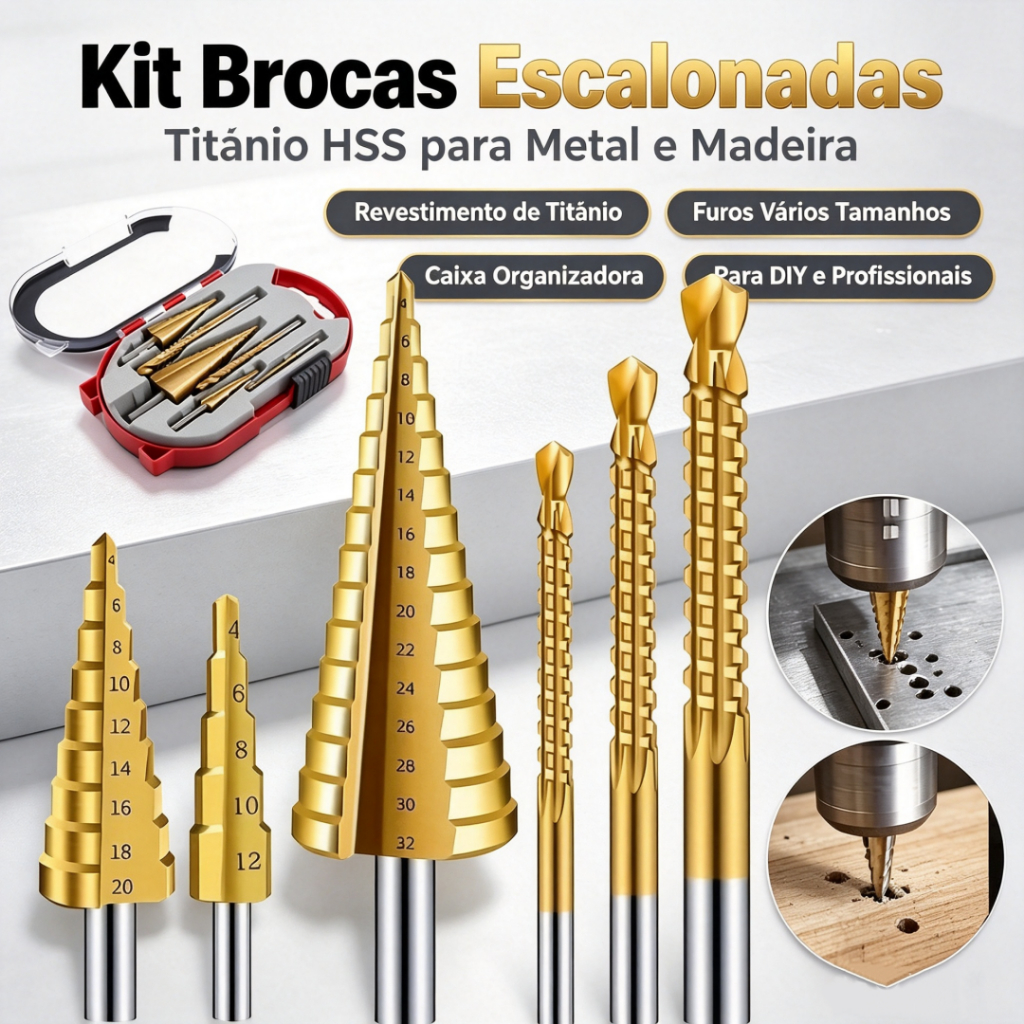 Brocas Titânio Escalonada Amarela Aço e Broca Corte Lateral Marcador Punção C/Estojo Organizador