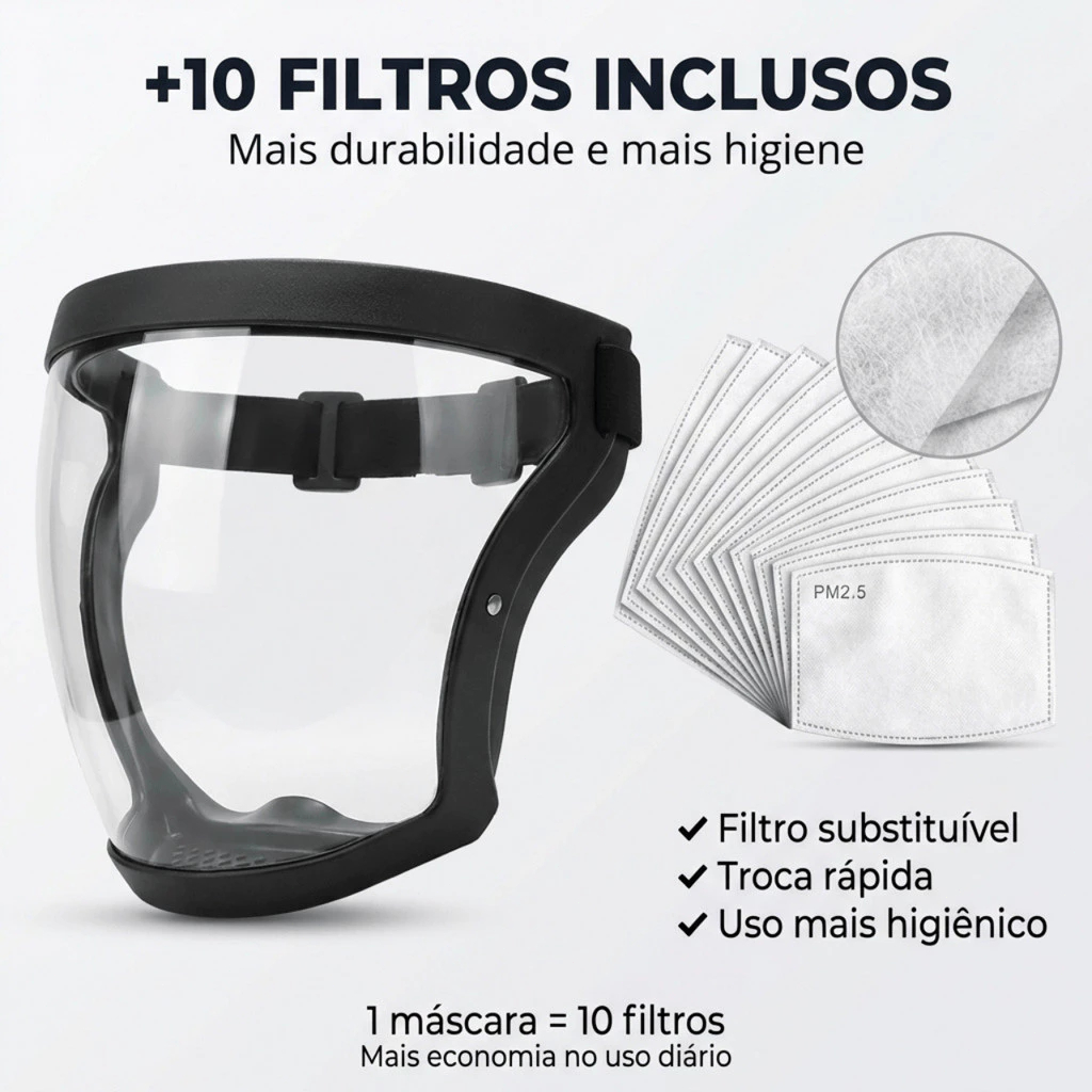 Máscara de Proteção Facial Transparente à Prova de Poeira com 10 Filtros
