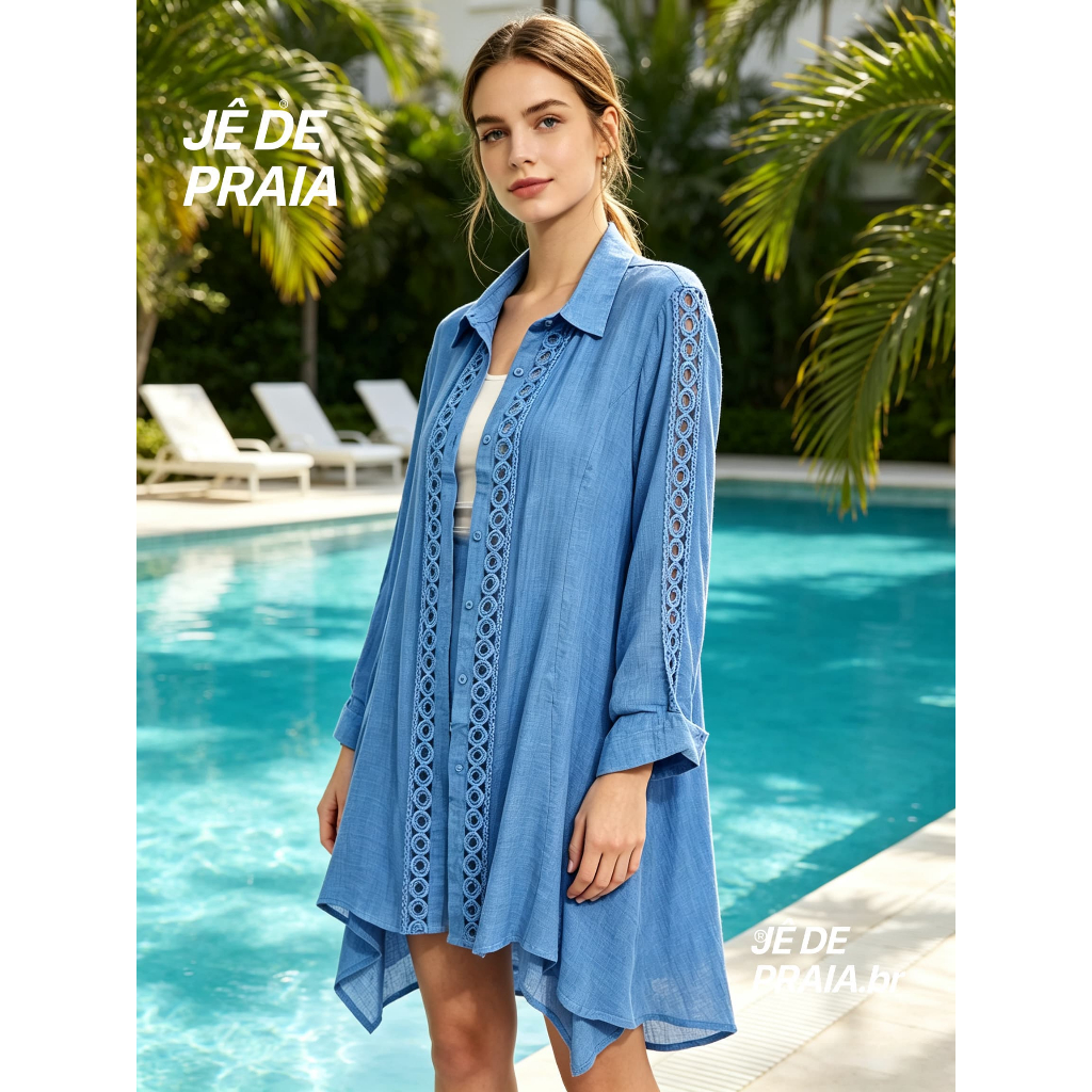 Vestido Chemise Camisão Chamise Feminino Manga Blusa Mullet Visco linho Moda Botões Saida de Praia Camisa Camisão