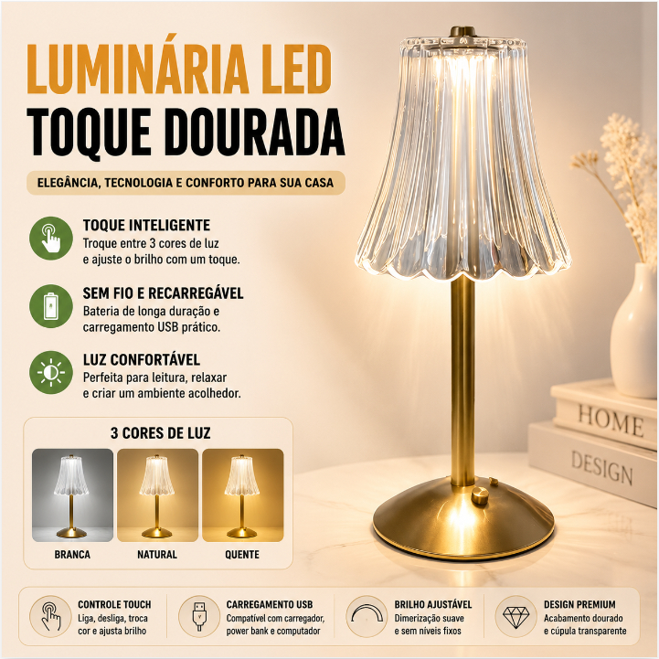 Abajur De Mesa LED Dourado Touch Recarregável USB 3 Cores Luminária Quarto