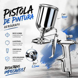 Pistola de Pintura Aerógrafo Alumínio Gravidade 90 ml Bico 0,5mm Ajustável