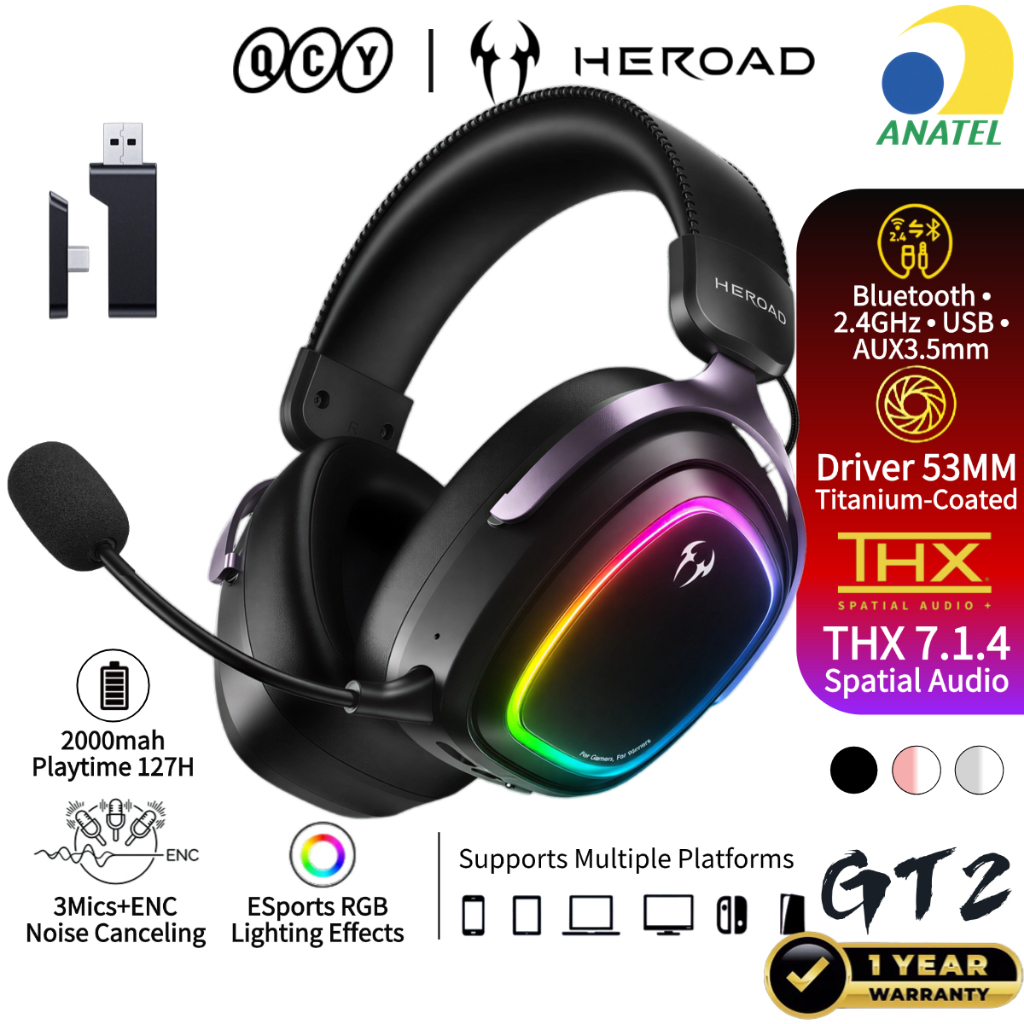 QCY Heroad GT2 Sem Fio Headset gamer Fone Bluetooth Com 3 Microfone ENC THX Tri-Mode Driver 53MM Bluetooth 6.0
